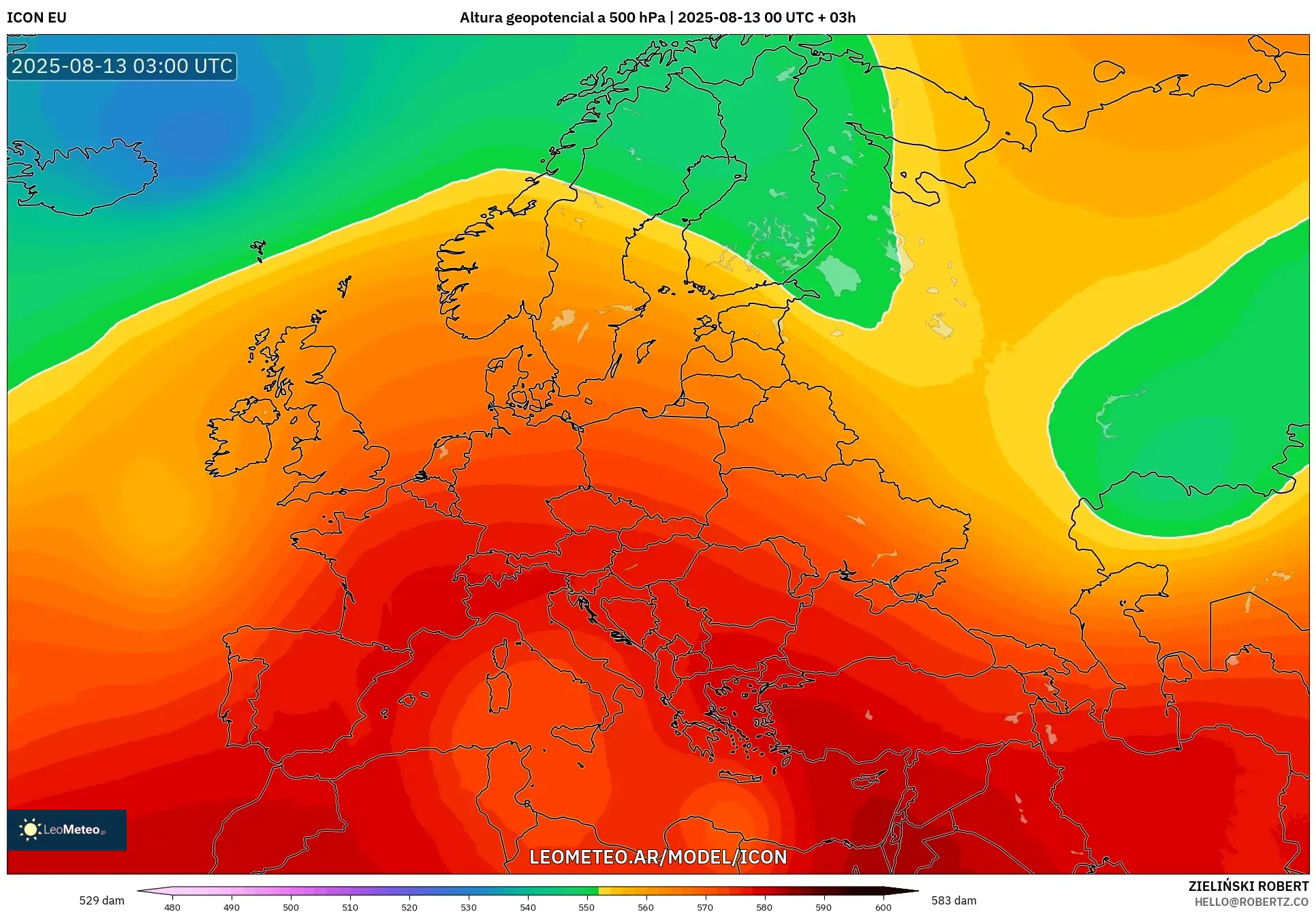 ICON model - Europa, Altura geopotencial a 500 hPa
