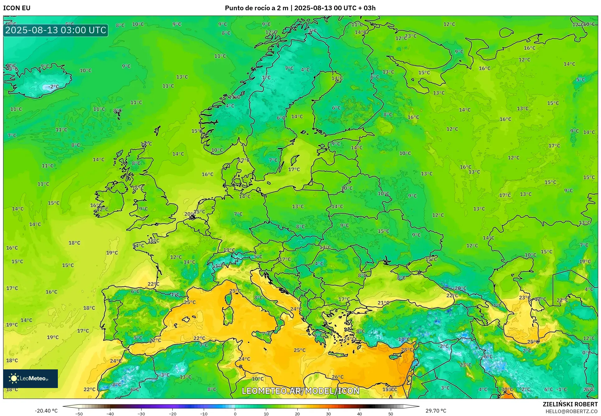 ICON model - Europa, Punto de rocío a 2 m ICON model - Europa, Punto de rocío a 2 m