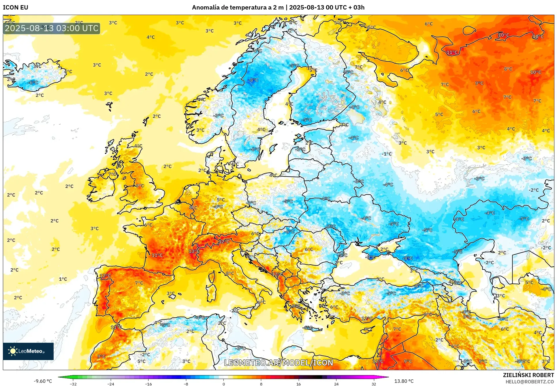 ICON model - Europa, Anomalía de temperatura a 2 m ICON model - Europa, Anomalía de temperatura a 2 m