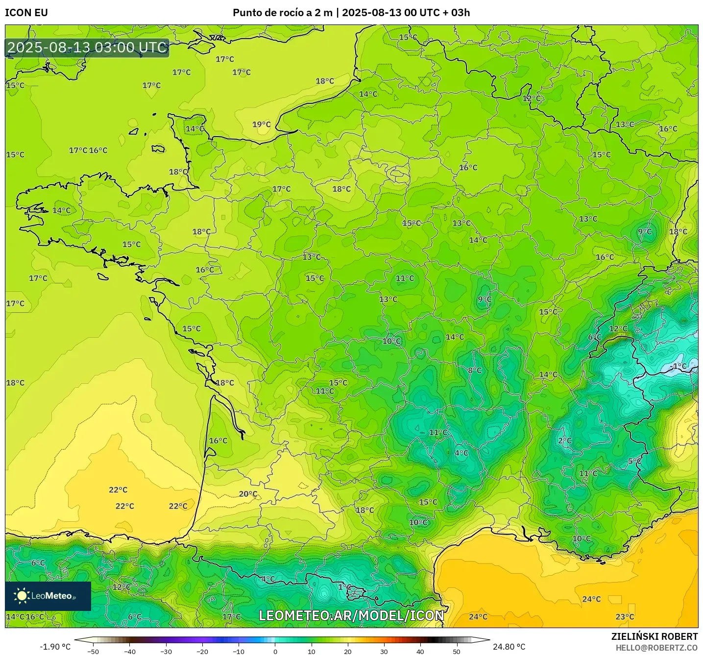 ICON model - Francia, Punto de rocío a 2 m