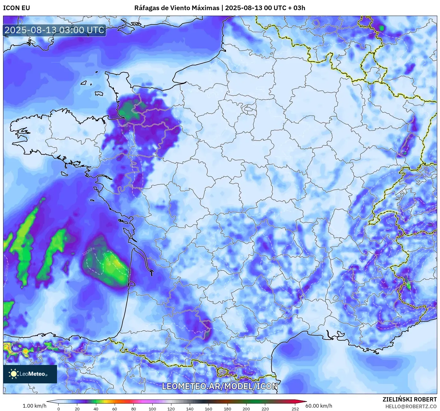 ICON model - Francia, Ráfagas de Viento Máximas ICON model - Francia, Ráfagas de Viento Máximas