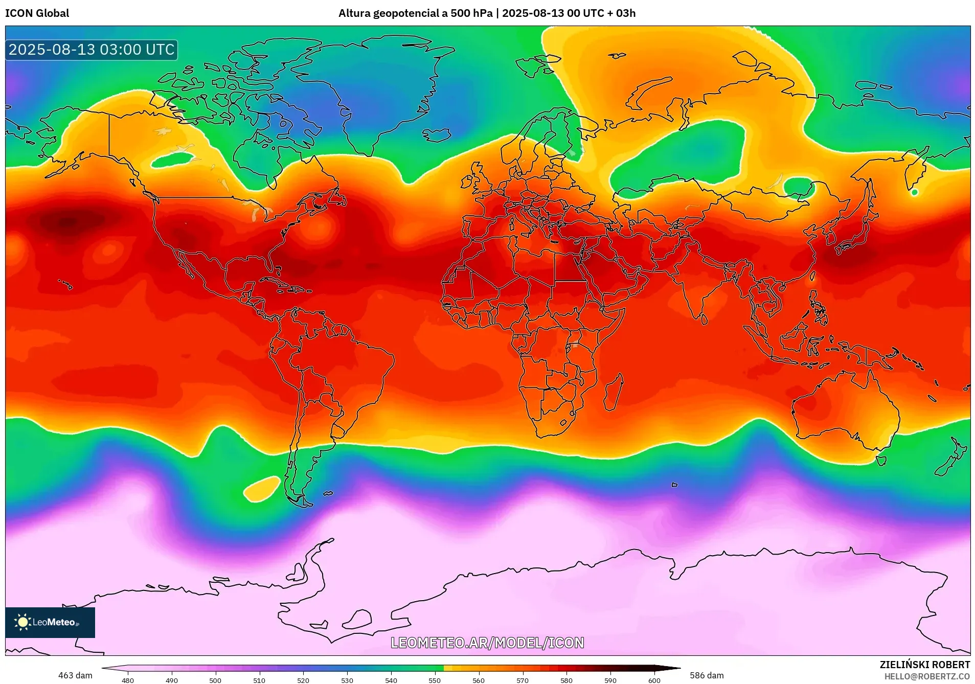 ICON model - Mundo, Altura geopotencial a 500 hPa