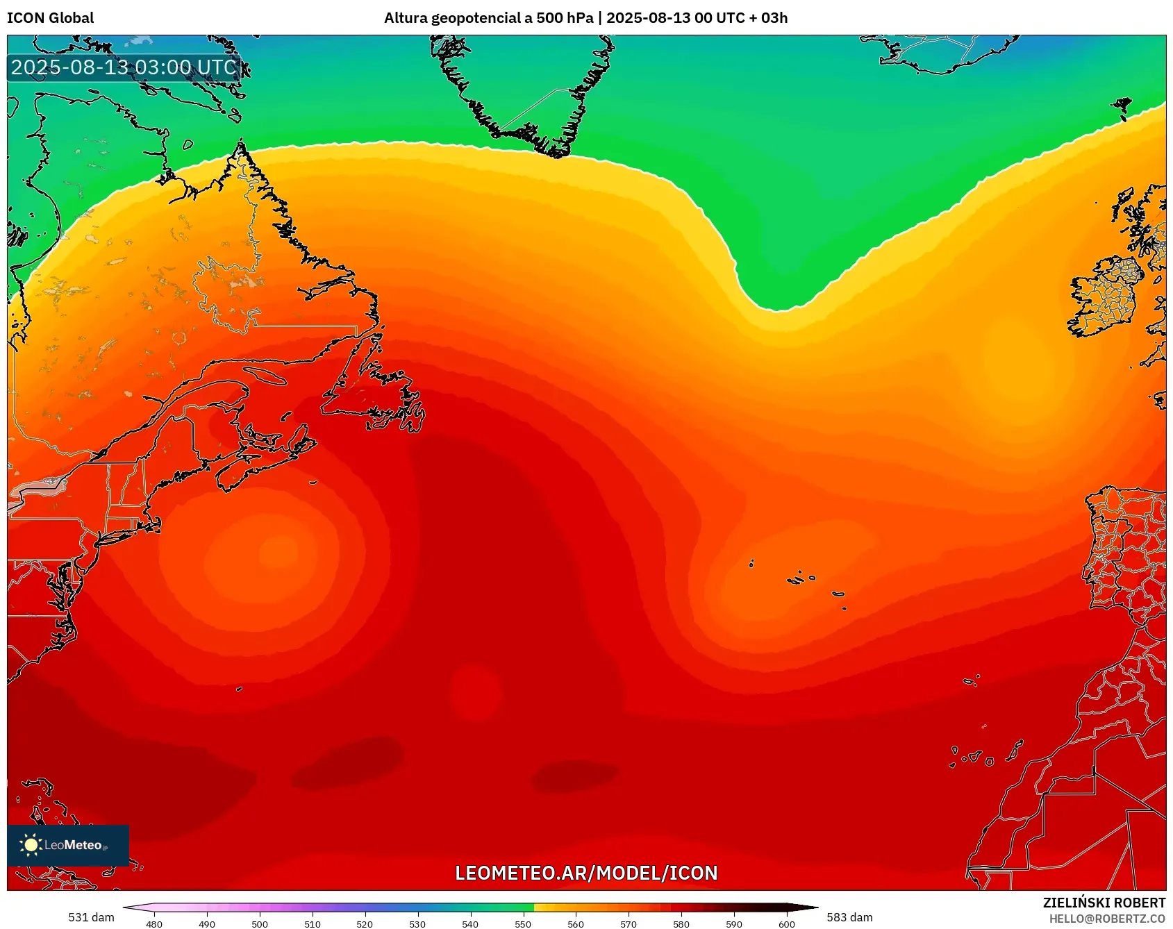 ICON model - Norte Atlántico, Altura geopotencial a 500 hPa ICON model - Norte Atlántico, Altura geopotencial a 500 hPa