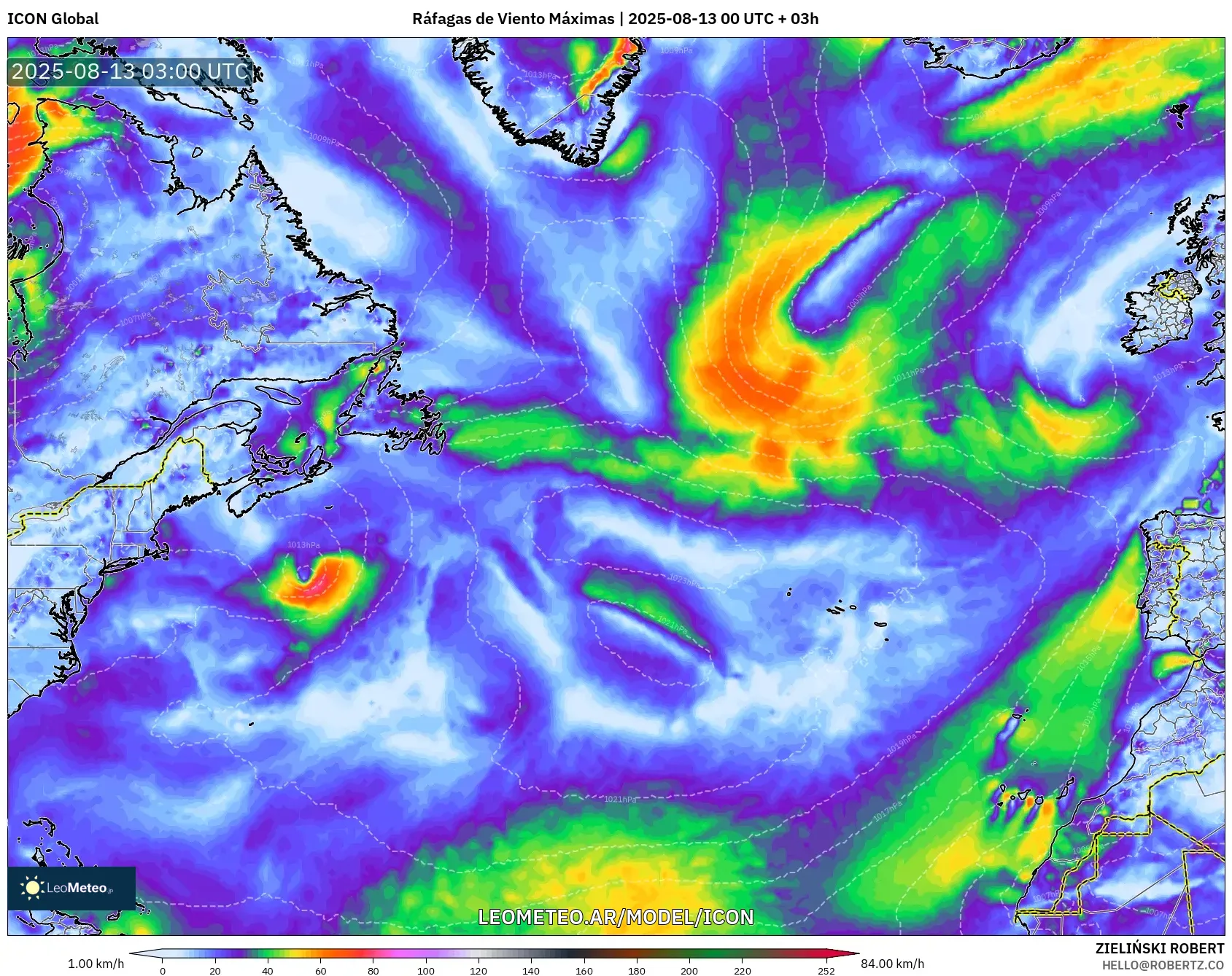 ICON model - Norte Atlántico, Ráfagas de Viento Máximas ICON model - Norte Atlántico, Ráfagas de Viento Máximas