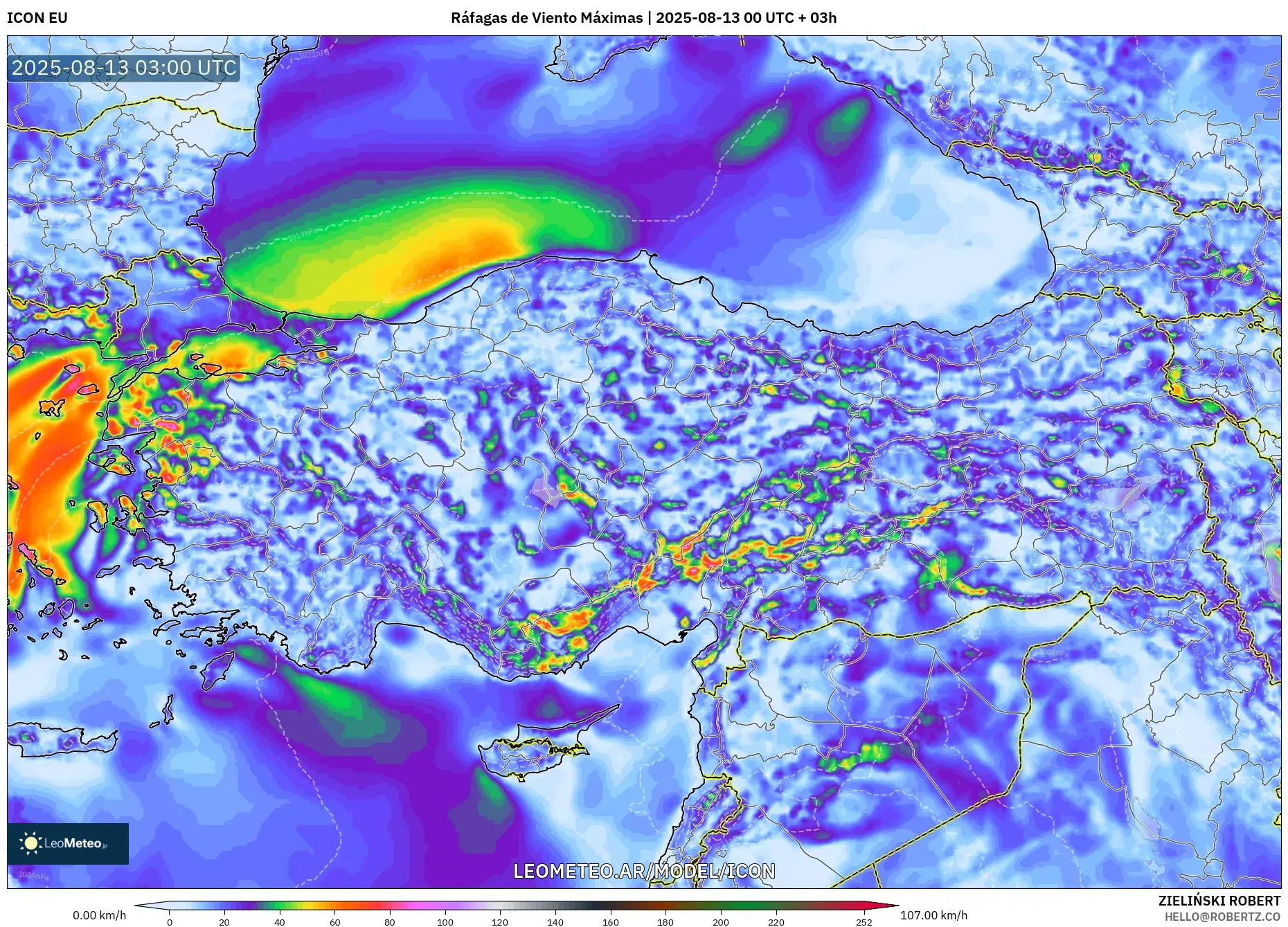 ICON model - Turquía, Ráfagas de Viento Máximas