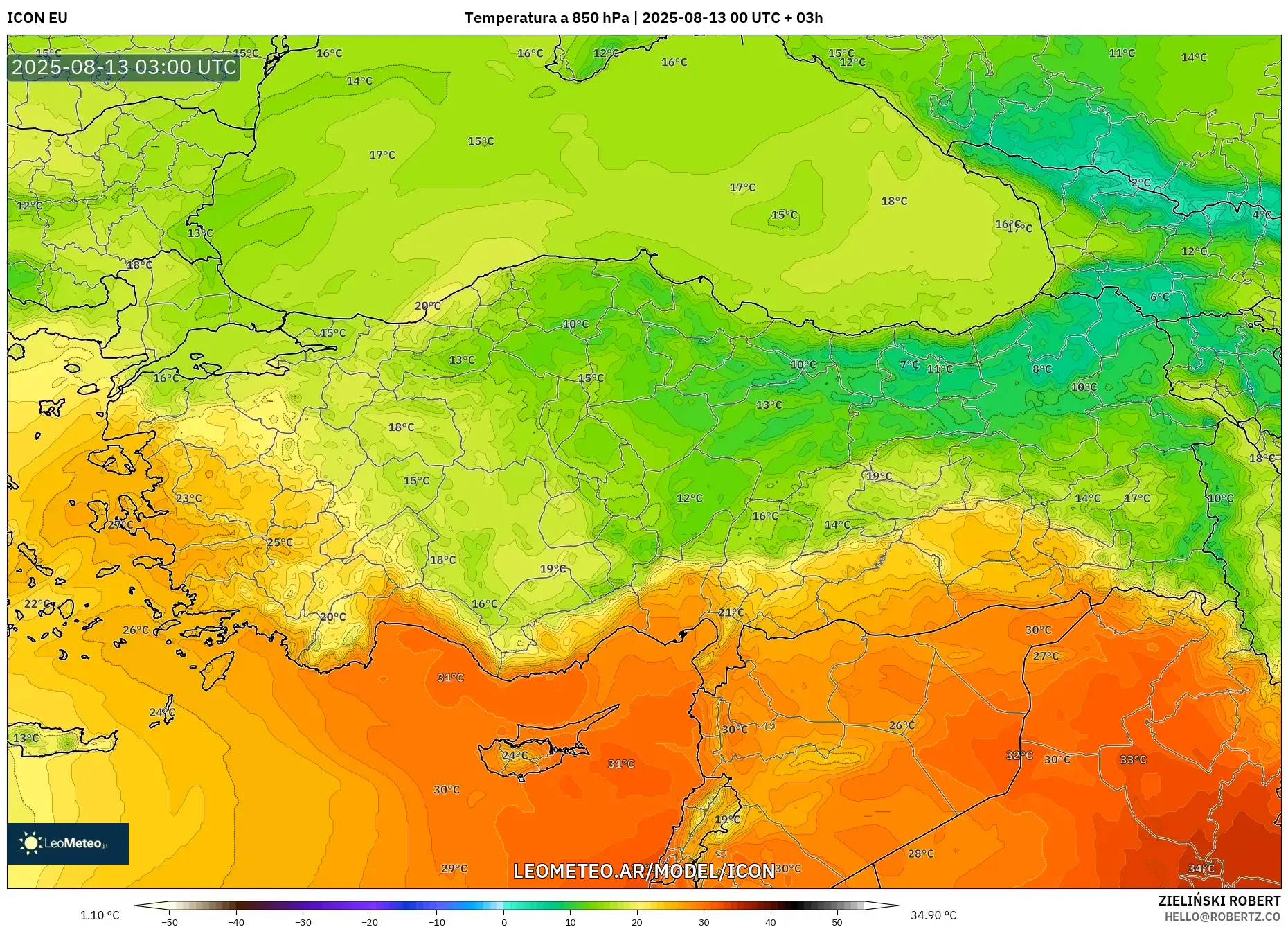 ICON model - Turquía, Temperatura a 850 hPa