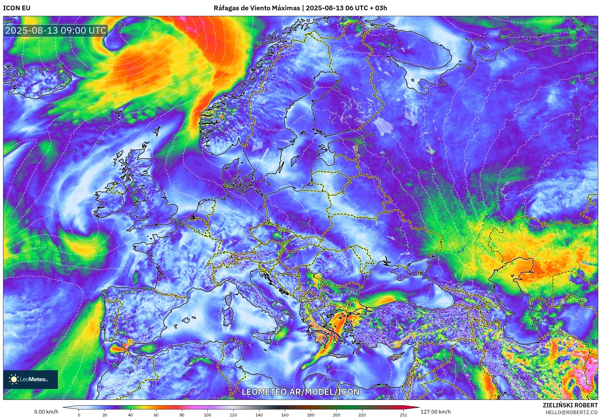 ICON model - Europa, Ráfagas de Viento Máximas