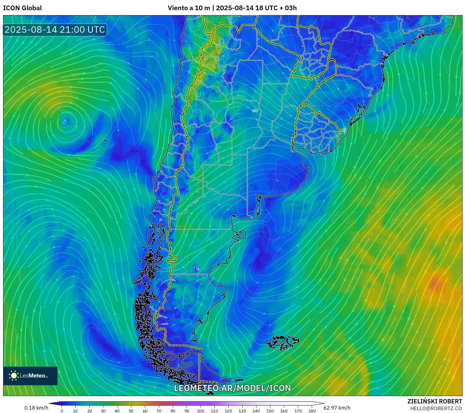 ICON model - Argentina, Viento a 10 m