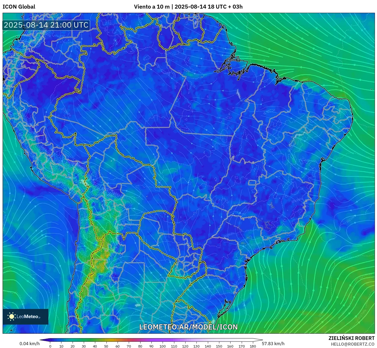 ICON model - Brasil, Viento a 10 m
