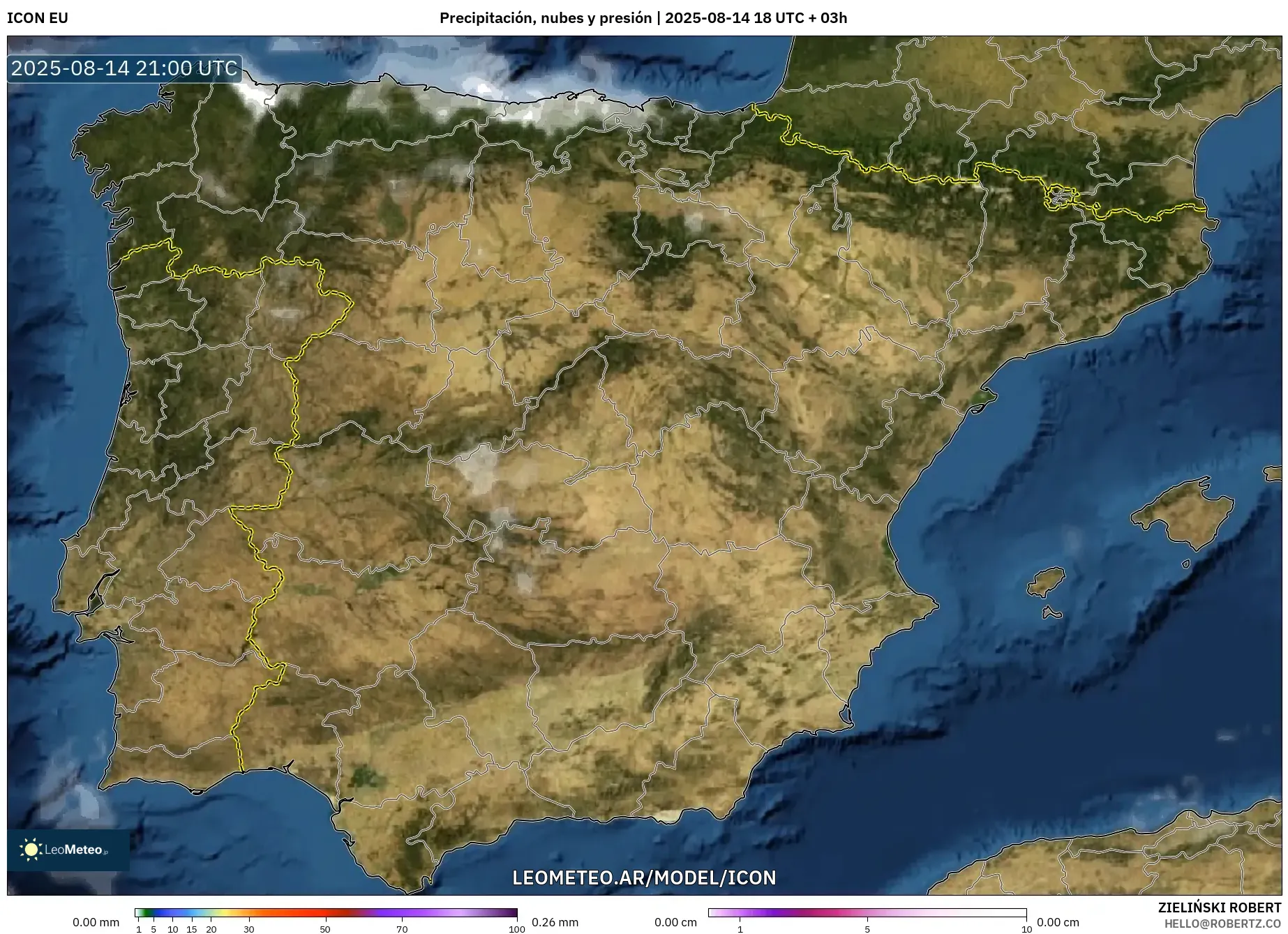 ICON model - España, Precipitación, nubes y presión