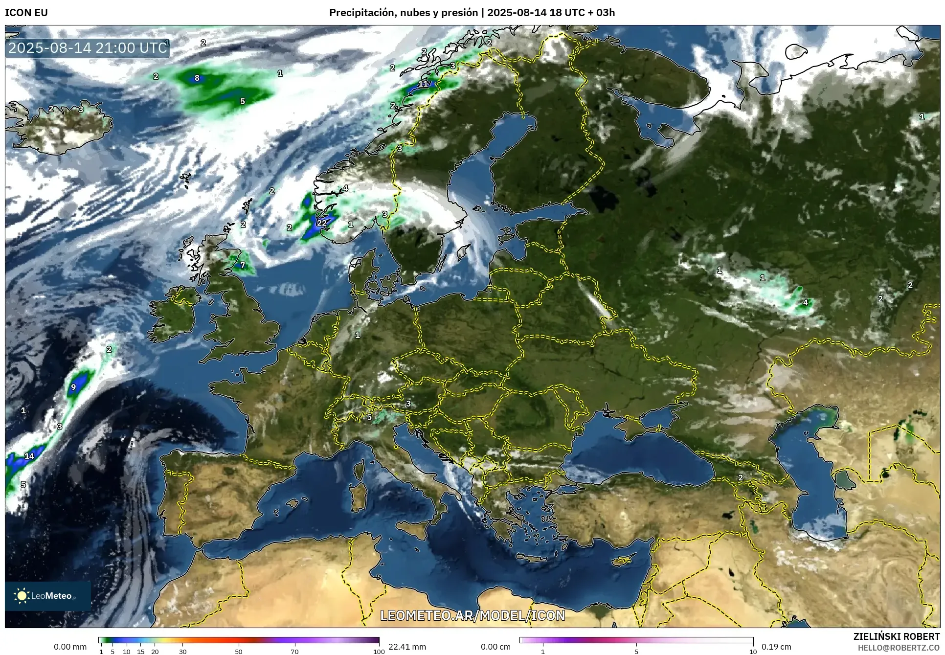 ICON model - Europa, Precipitación, nubes y presión