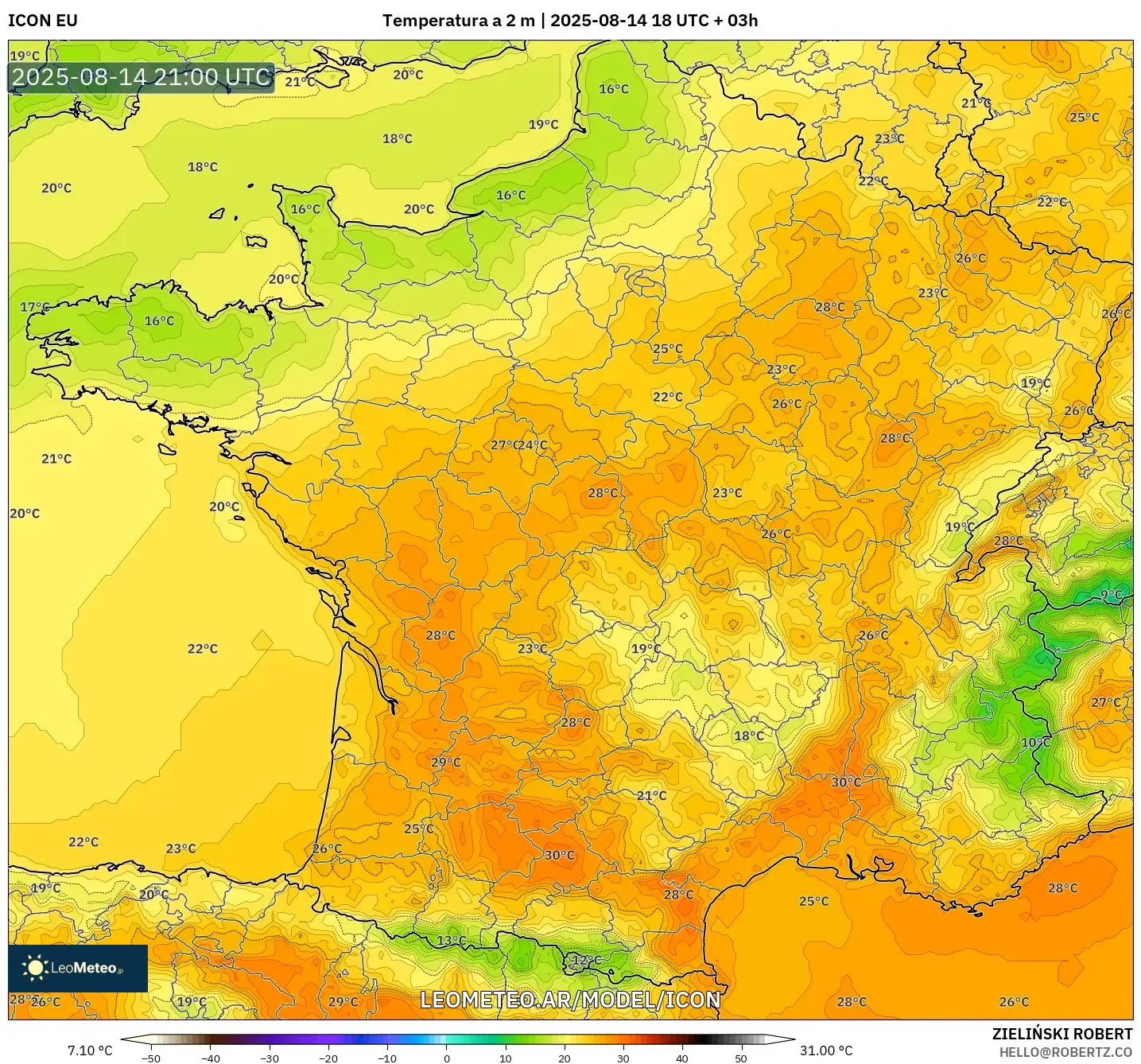 ICON model - Francia, Temperatura a 2 m