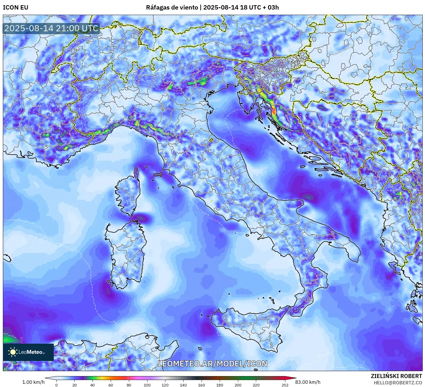 ICON model - Italia, Ráfagas de viento