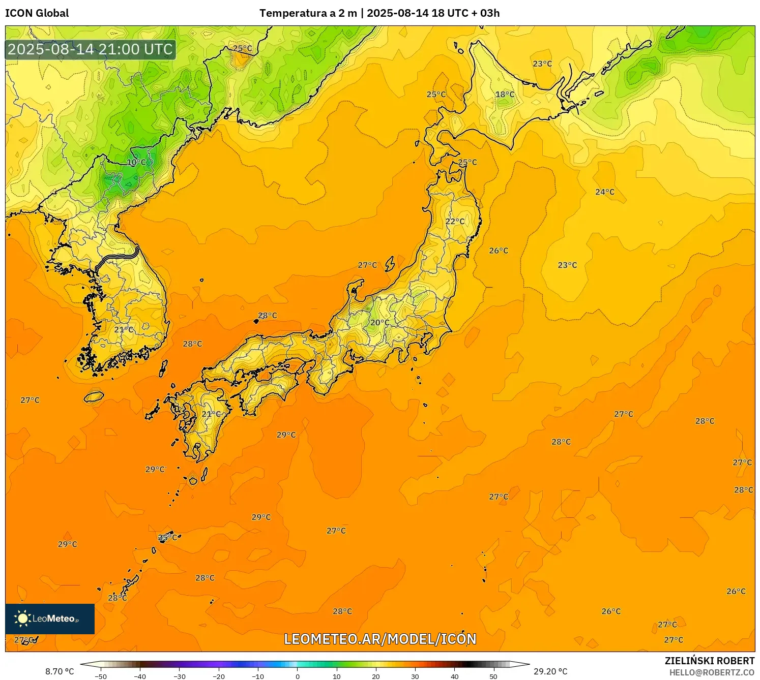 ICON model - Japón, Temperatura a 2 m