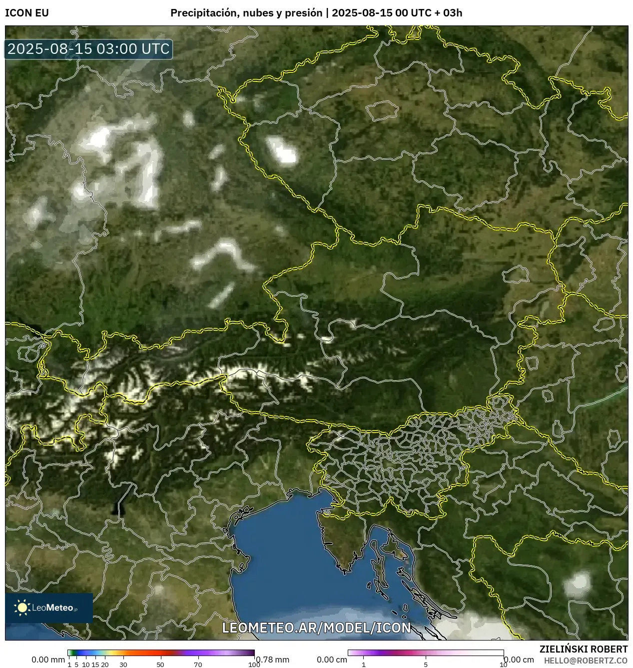 ICON model - Austria, Precipitación, nubes y presión