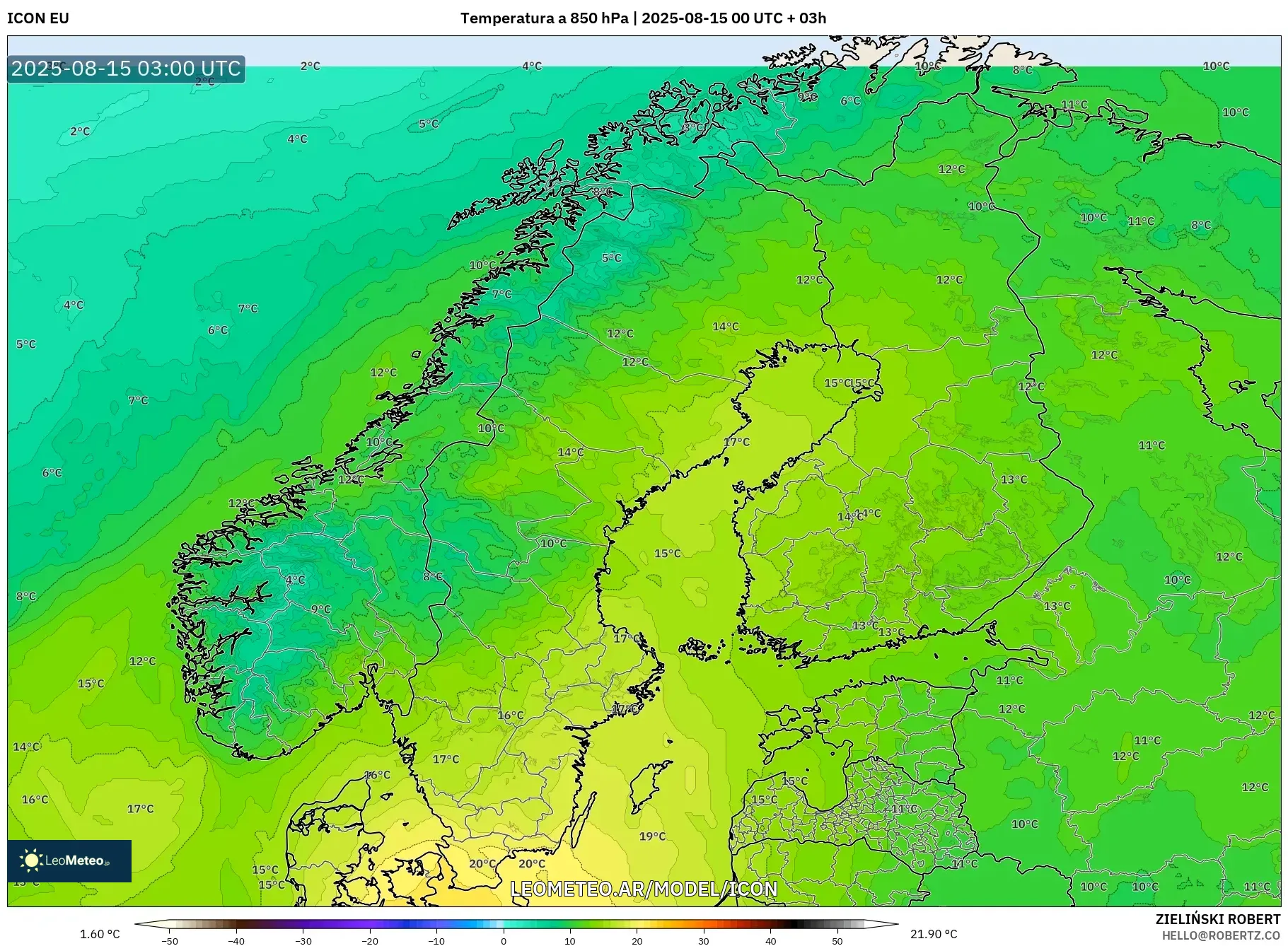 ICON model - Escandinavia, Temperatura a 850 hPa
