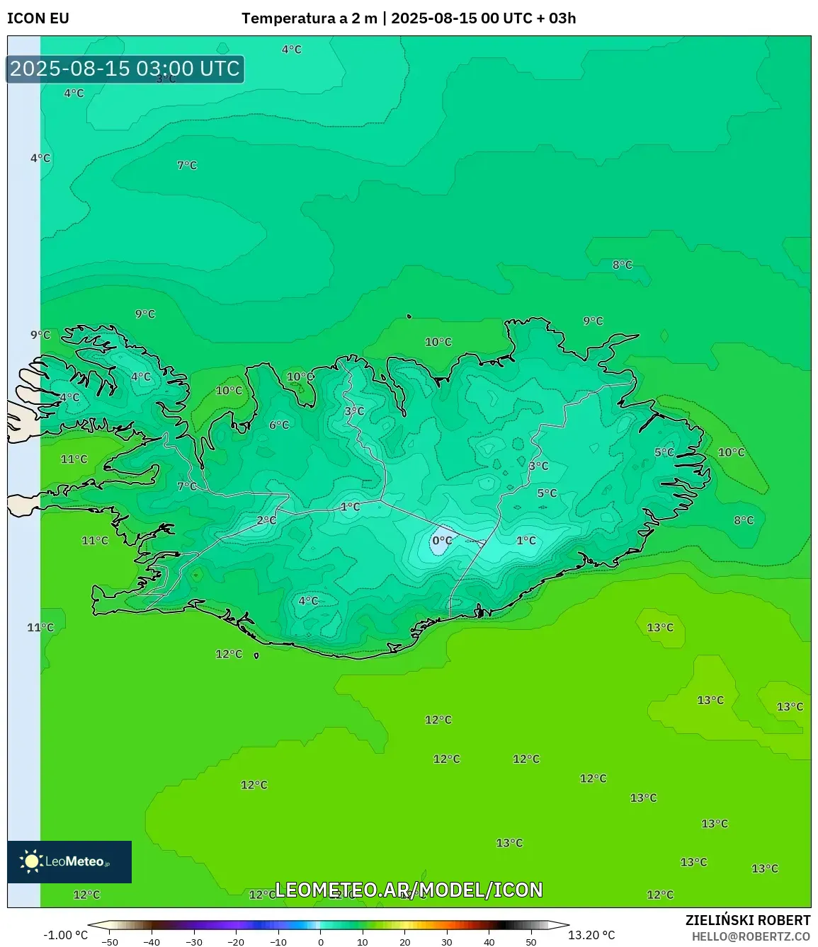 ICON model - Islandia, Temperatura a 2 m
