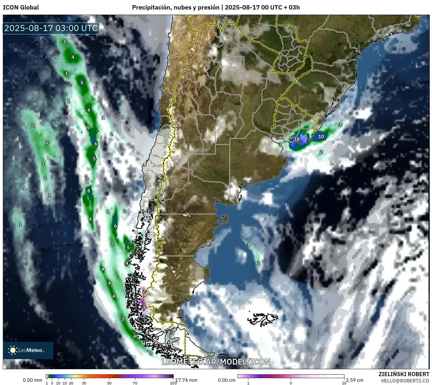 ICON model - Argentina, Precipitación, nubes y presión