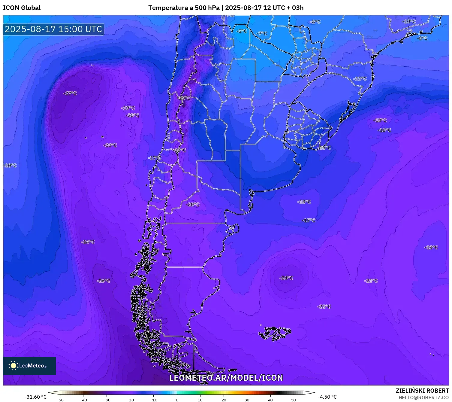 ICON model - Argentina, Temperatura a 500 hPa ICON model - Argentina, Temperatura a 500 hPa