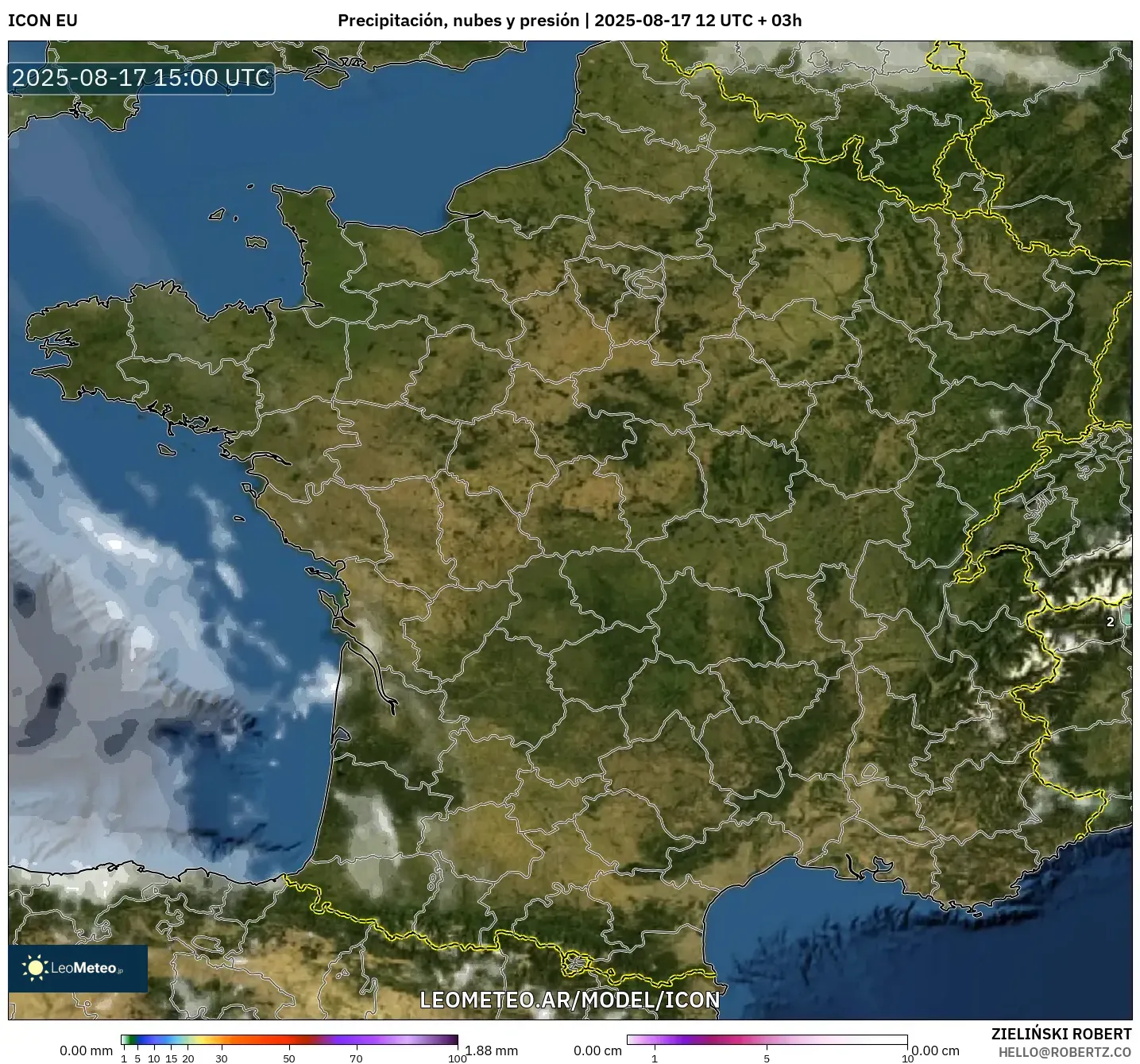 ICON model - Francia, Precipitación, nubes y presión ICON model - Francia, Precipitación, nubes y presión