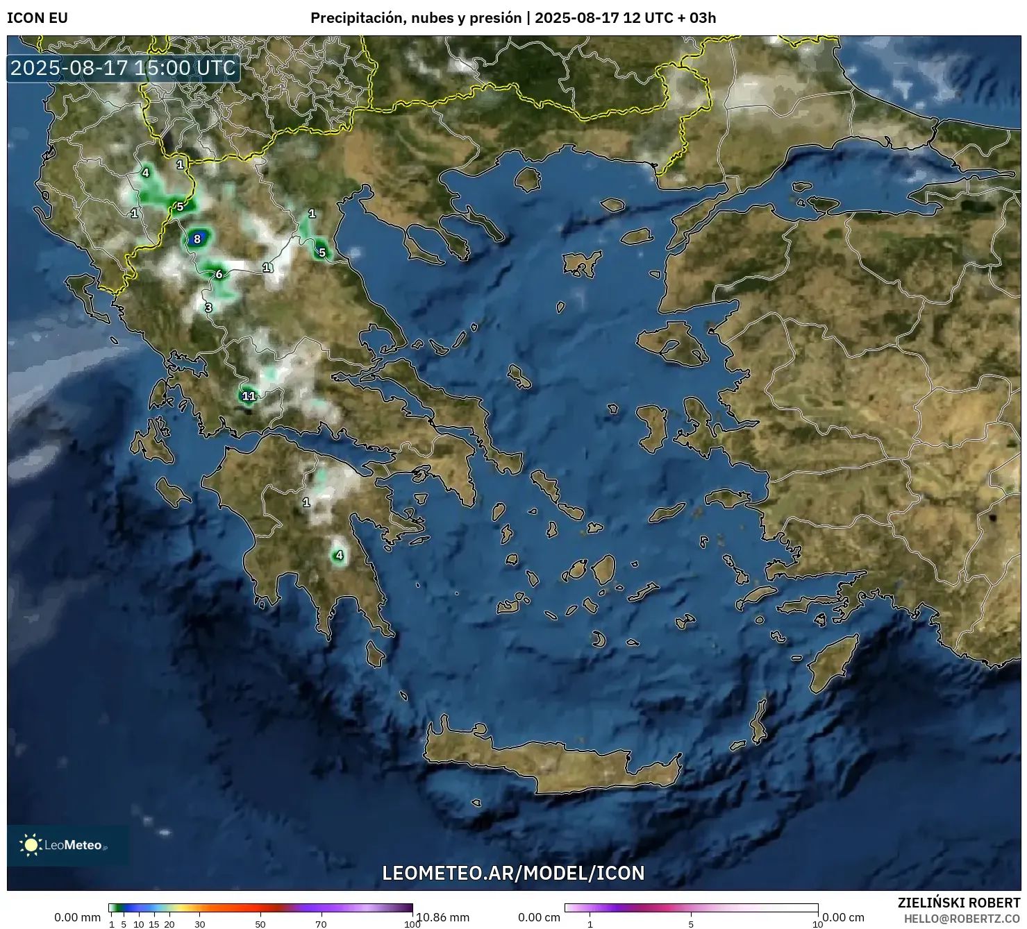 ICON model - Grecia, Precipitación, nubes y presión ICON model - Grecia, Precipitación, nubes y presión