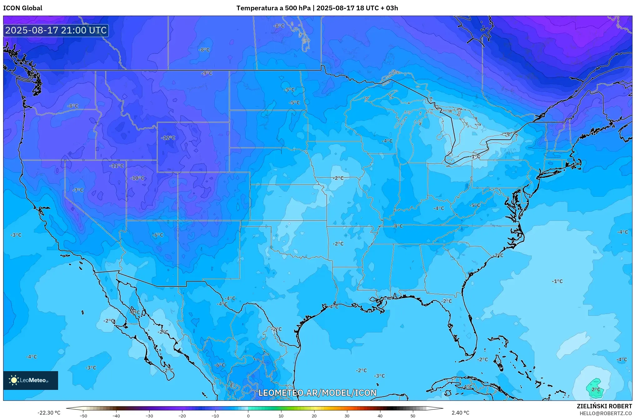 ICON model - Estados Unidos, Temperatura a 500 hPa ICON model - Estados Unidos, Temperatura a 500 hPa