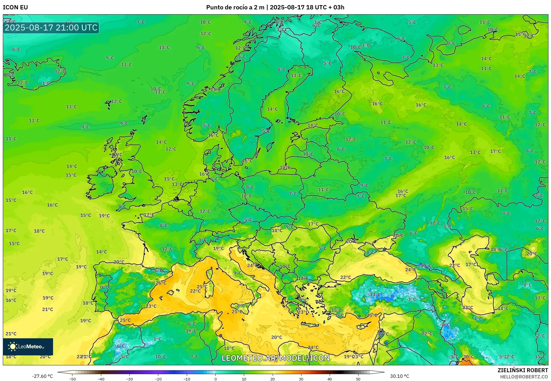 ICON model - Europa, Punto de rocío a 2 m ICON model - Europa, Punto de rocío a 2 m