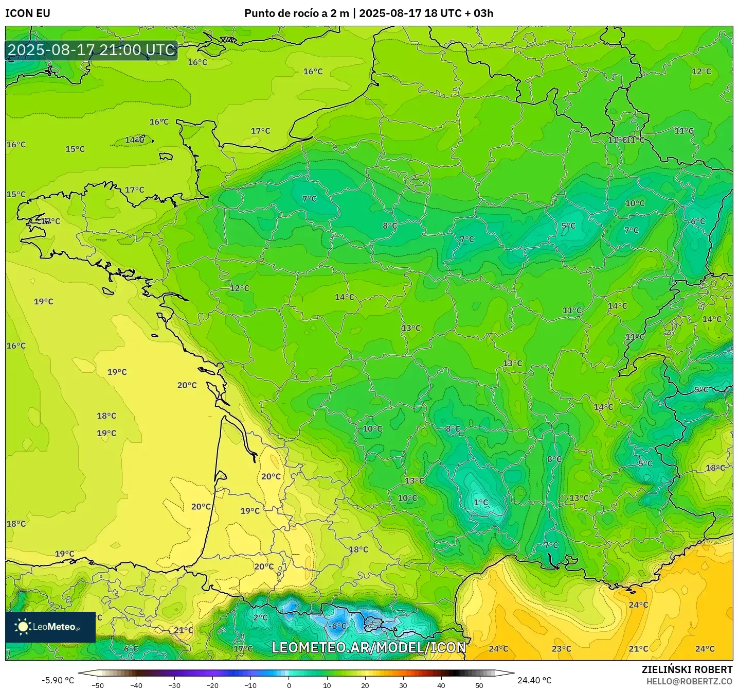 ICON model - Francia, Punto de rocío a 2 m