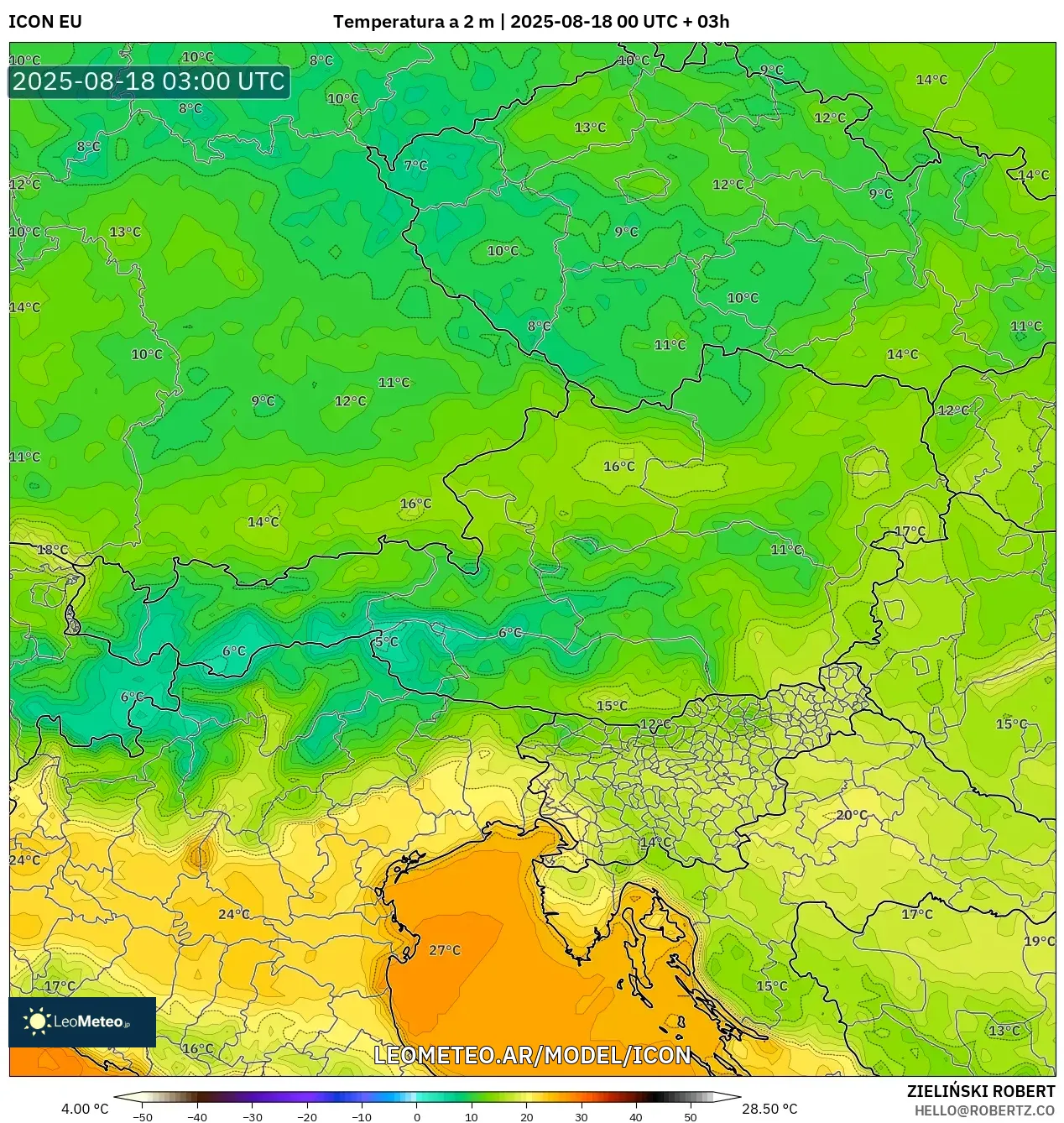 ICON model - Austria, Temperatura a 2 m ICON model - Austria, Temperatura a 2 m