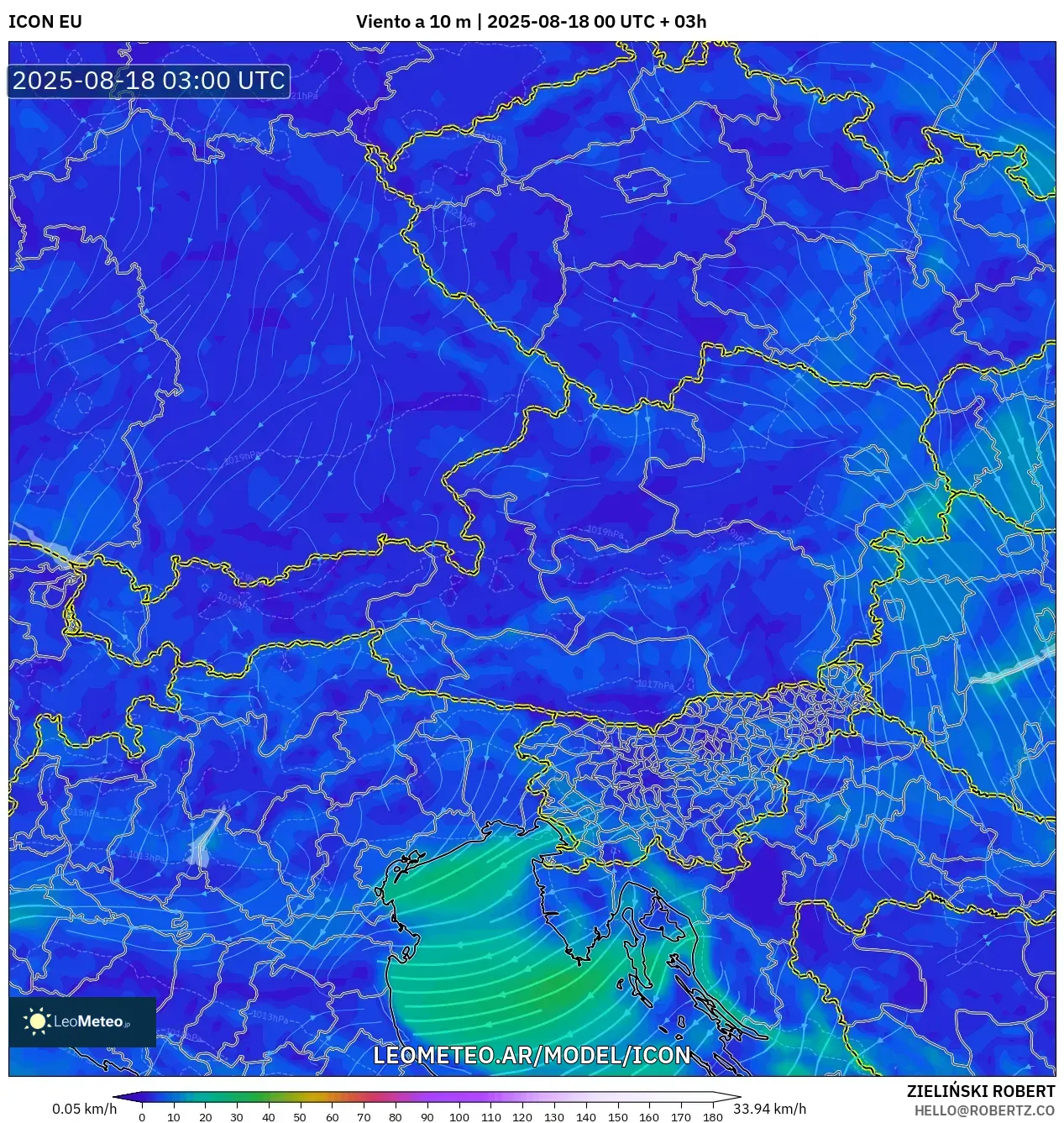 ICON model - Austria, Viento a 10 m