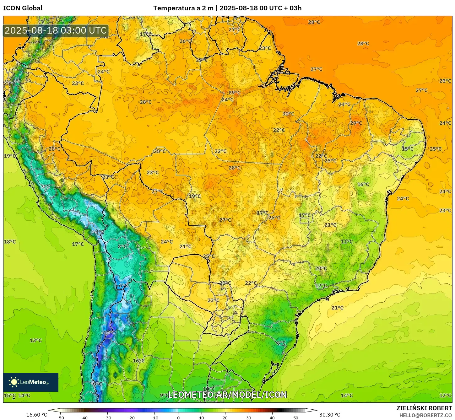 ICON model - Brasil, Temperatura a 2 m ICON model - Brasil, Temperatura a 2 m
