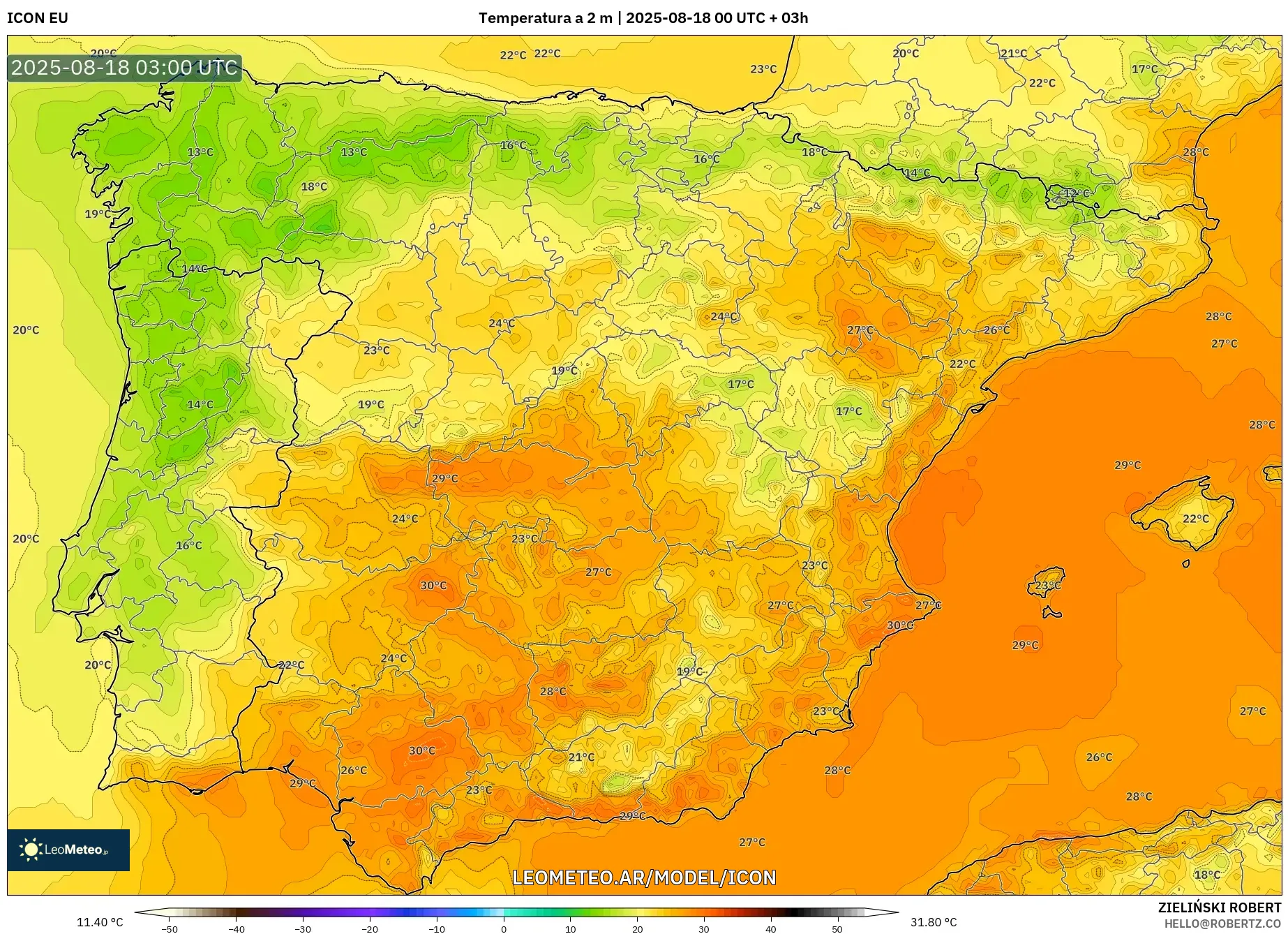 ICON model - España, Temperatura a 2 m