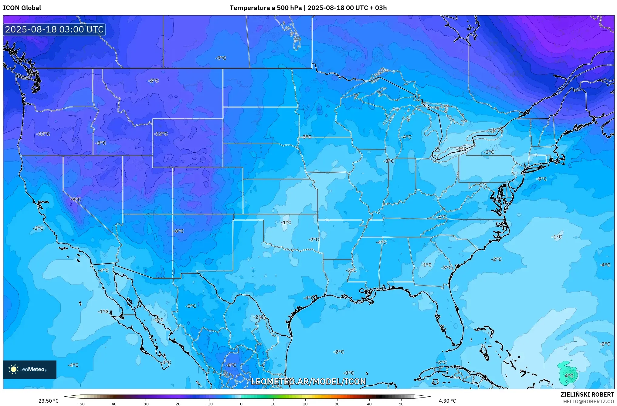 ICON model - Estados Unidos, Temperatura a 500 hPa