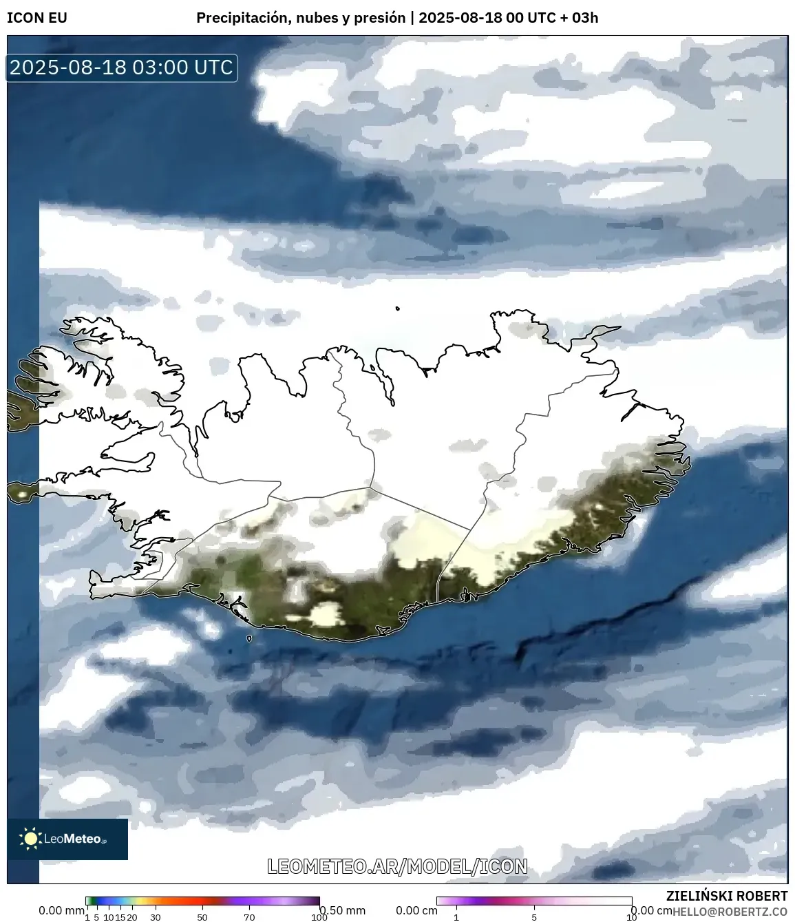 ICON model - Islandia, Precipitación, nubes y presión