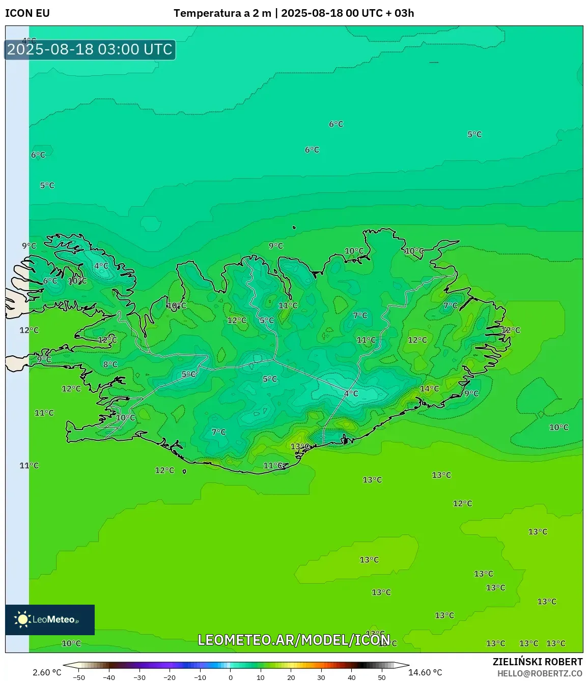 ICON model - Islandia, Temperatura a 2 m
