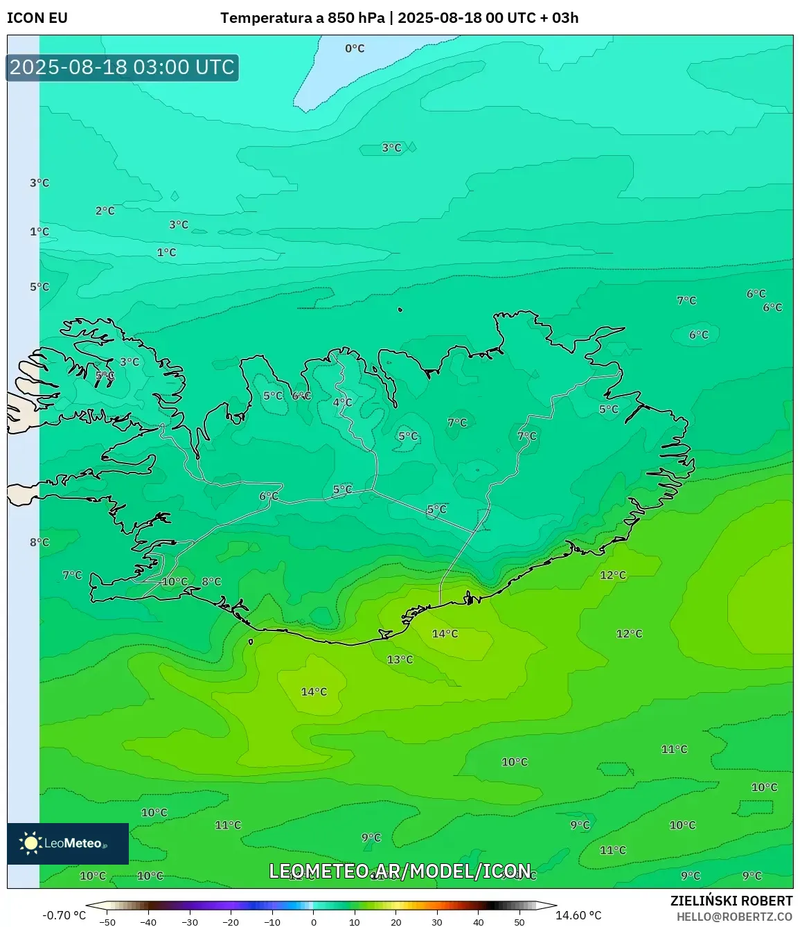 ICON model - Islandia, Temperatura a 850 hPa ICON model - Islandia, Temperatura a 850 hPa