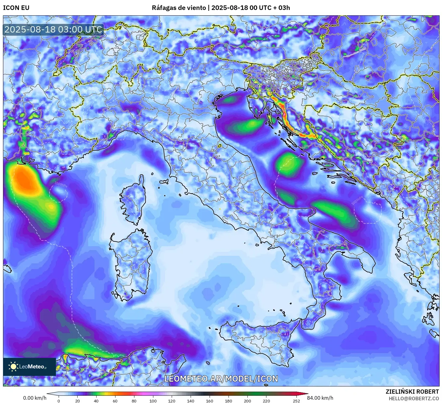 ICON model - Italia, Ráfagas de viento