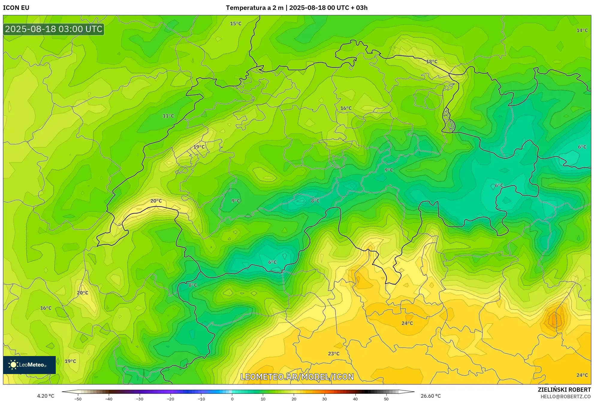 ICON model - Suiza, Temperatura a 2 m