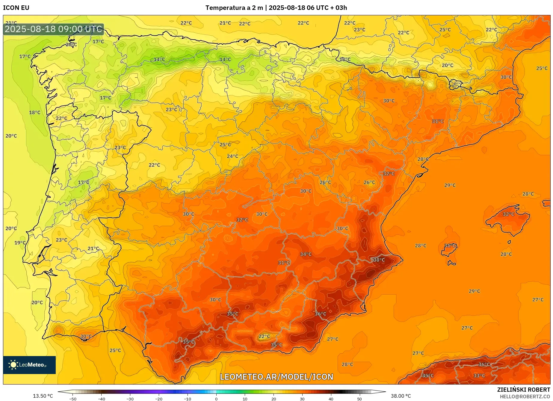 ICON model - España, Temperatura a 2 m
