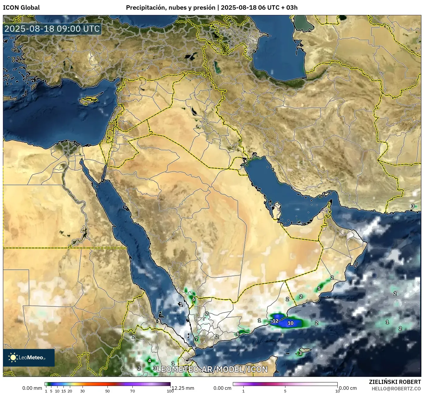 ICON model - Oriente Medio, Precipitación, nubes y presión