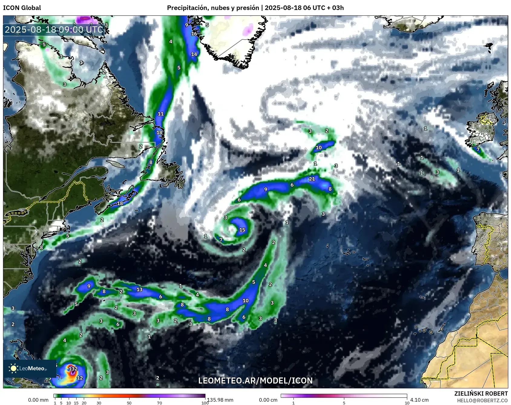 ICON model - Norte Atlántico, Precipitación, nubes y presión ICON model - Norte Atlántico, Precipitación, nubes y presión