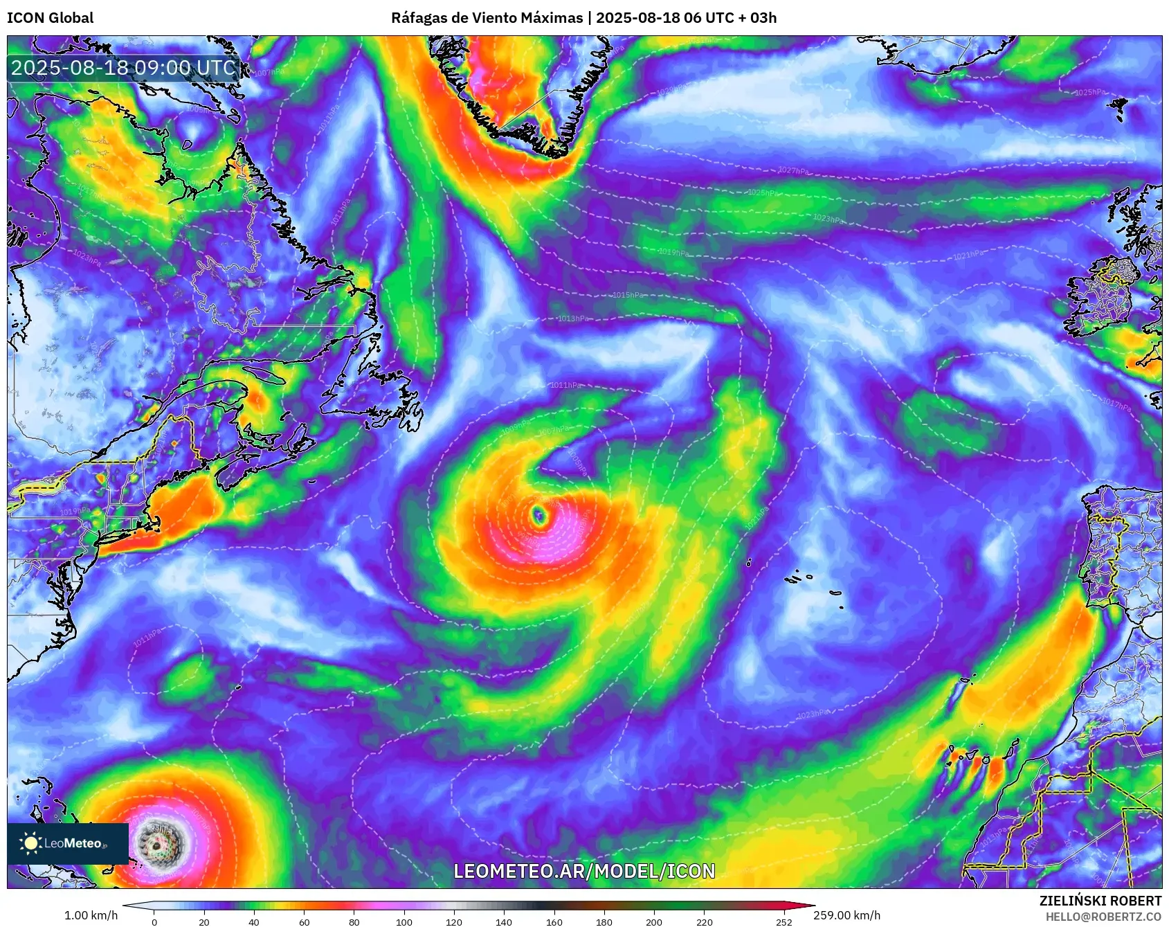 ICON model - Norte Atlántico, Ráfagas de Viento Máximas