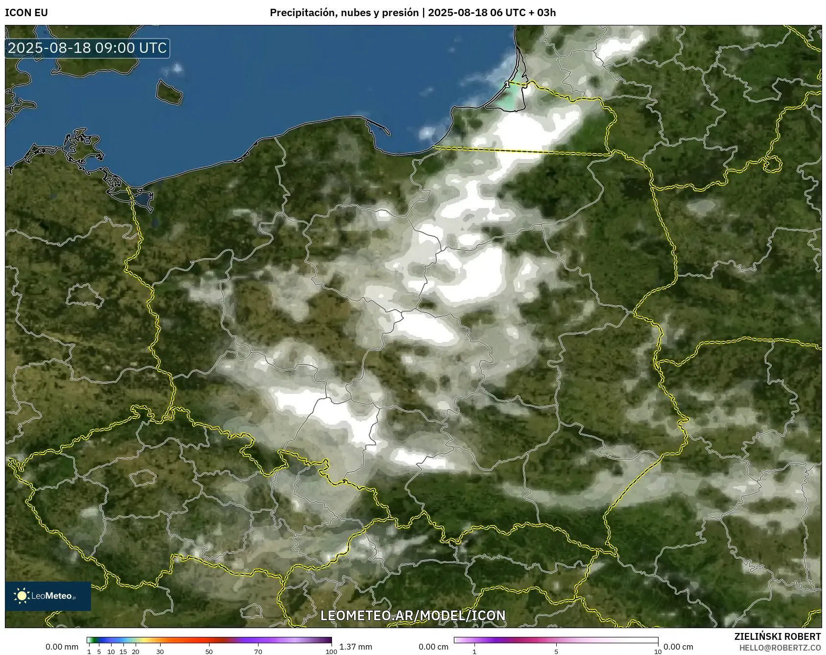 ICON model - Polonia, Precipitación, nubes y presión