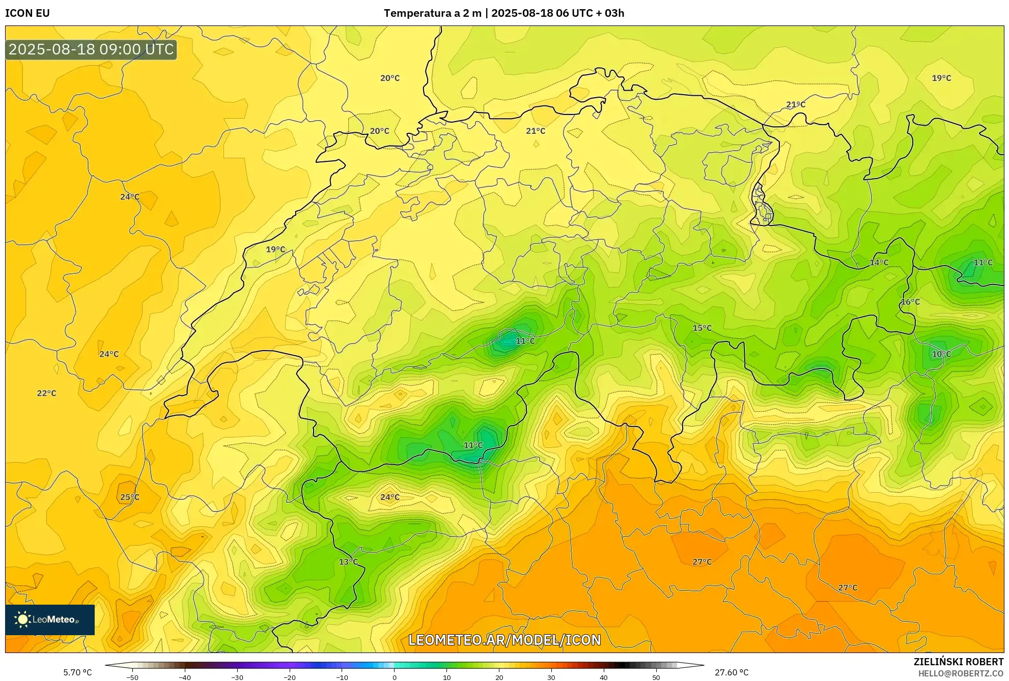 ICON model - Suiza, Temperatura a 2 m