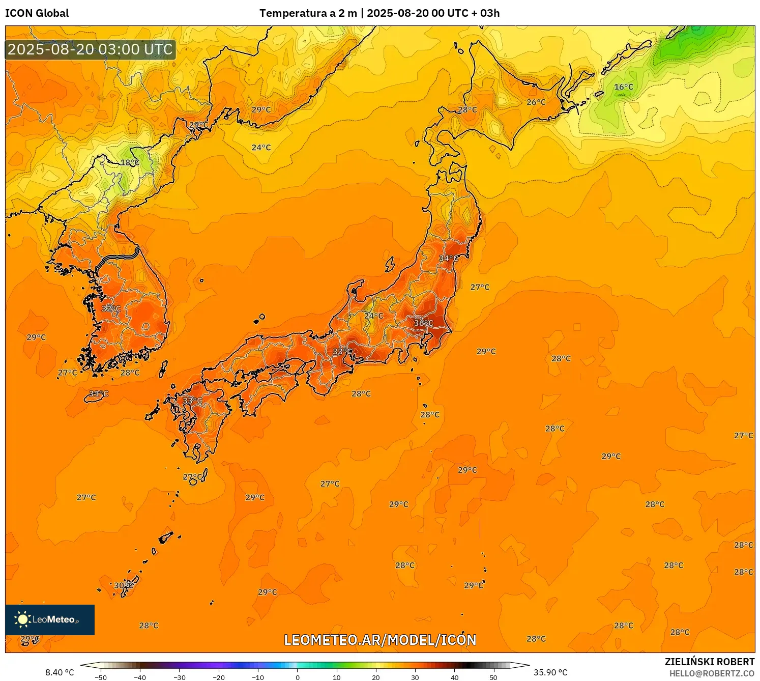 ICON model - Japón, Temperatura a 2 m