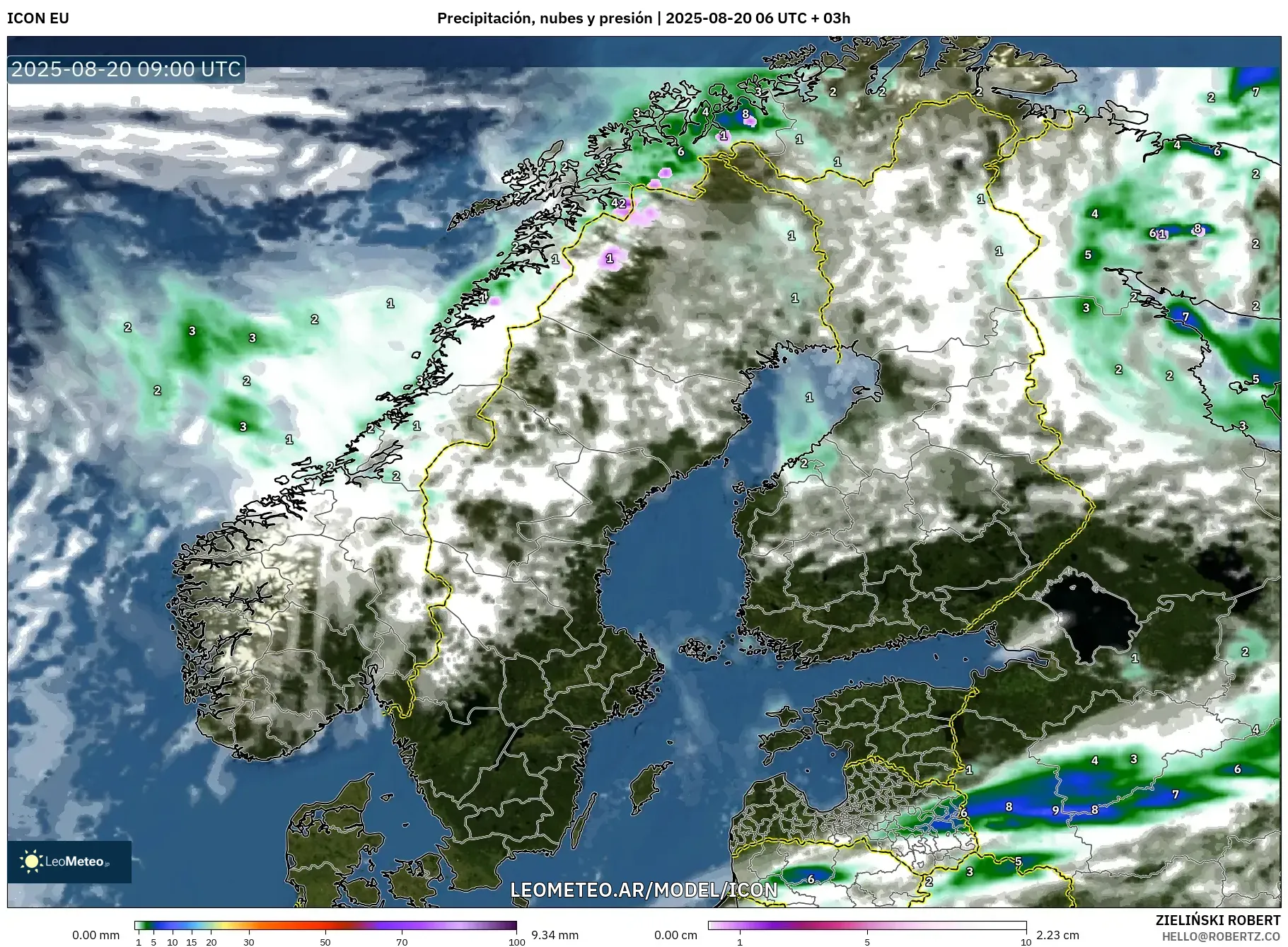ICON model - Escandinavia, Precipitación, nubes y presión