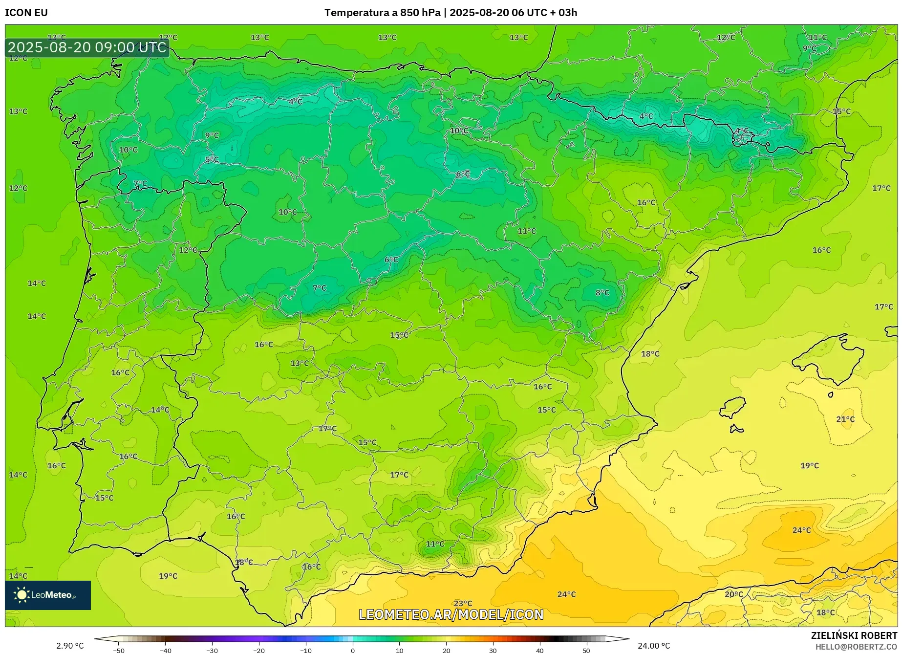 ICON model - España, Temperatura a 850 hPa