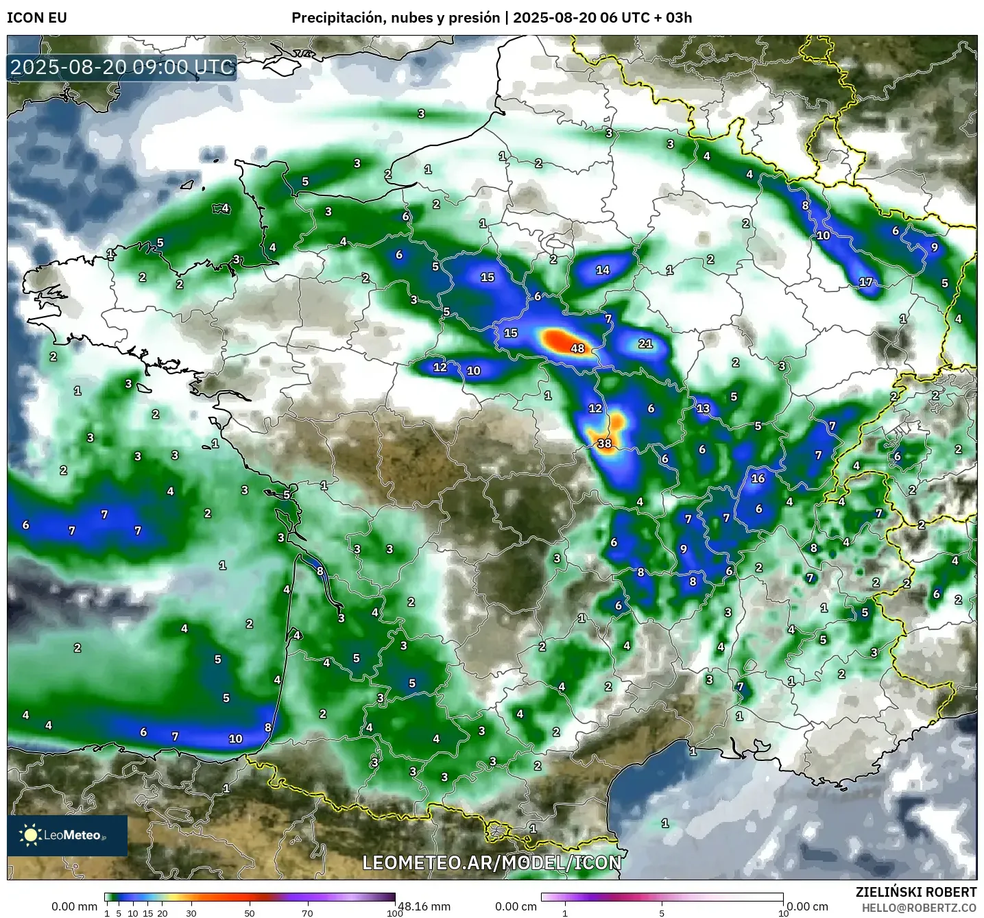 ICON model - Francia, Precipitación, nubes y presión