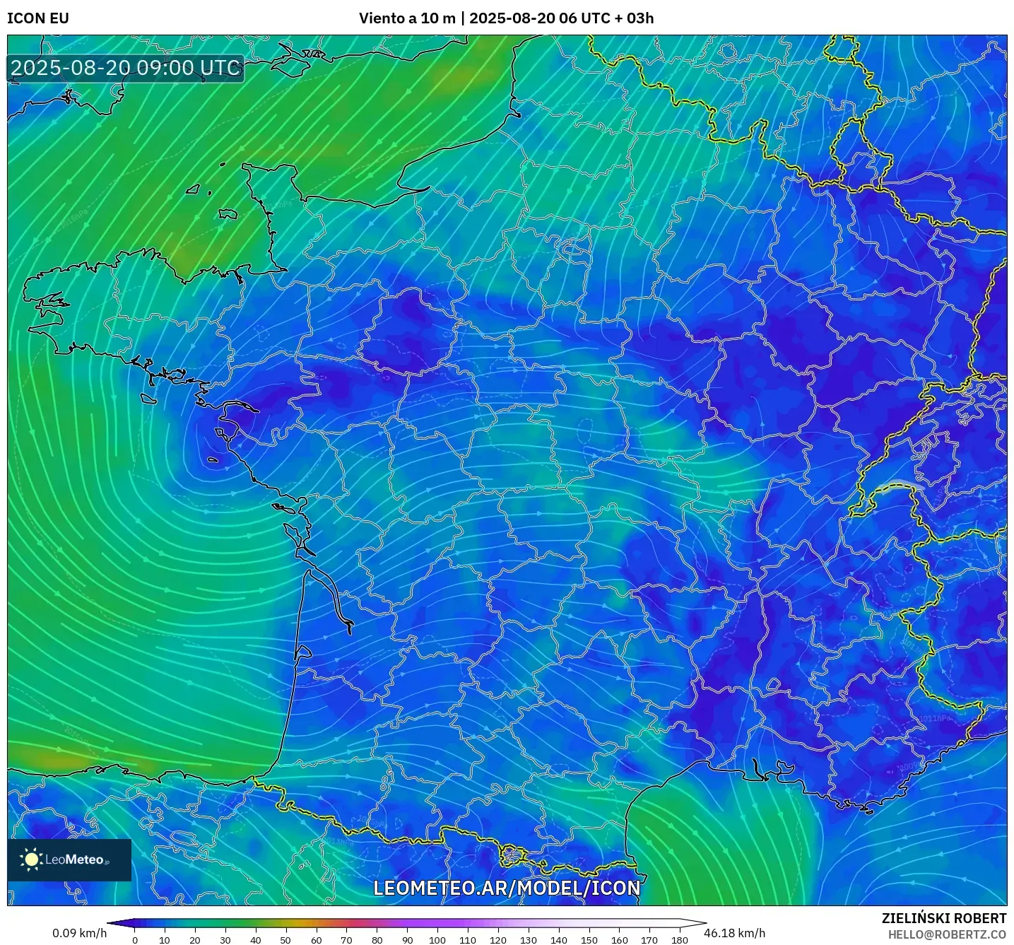 ICON model - Francia, Viento a 10 m