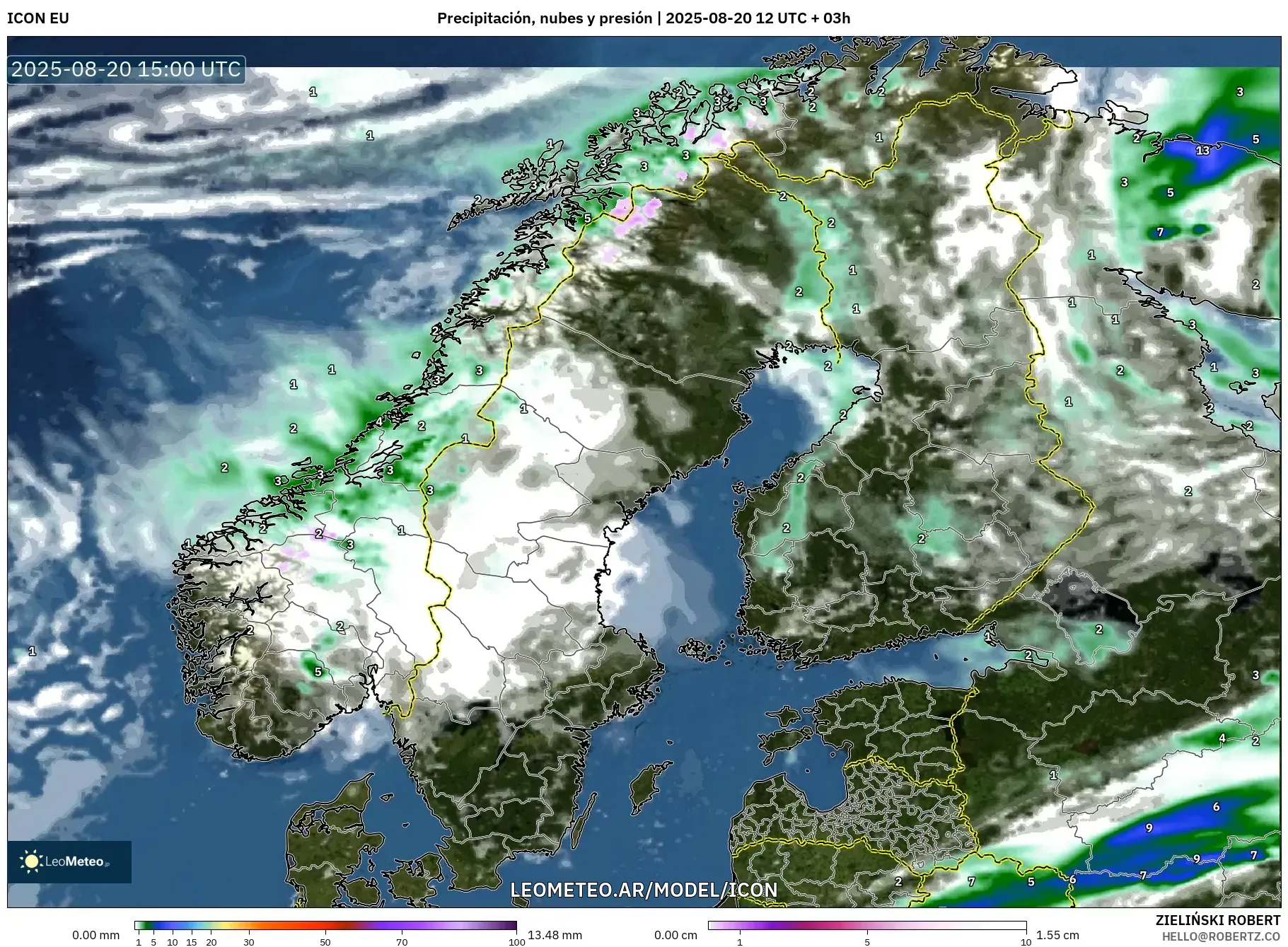 ICON model - Escandinavia, Precipitación, nubes y presión